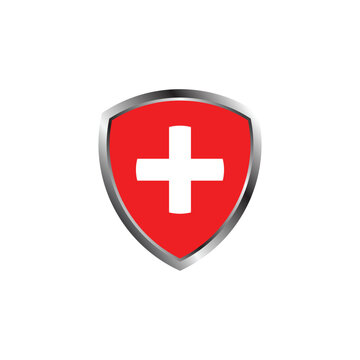 medical shield health protection shield cross. Protected steel guard shield concept. Safety badge steel icon. Privacy metal banner shield. Security safeguard metal label.