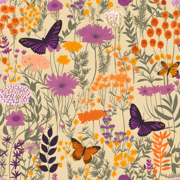 seamless whimsical floral butterfly pattern background. AI