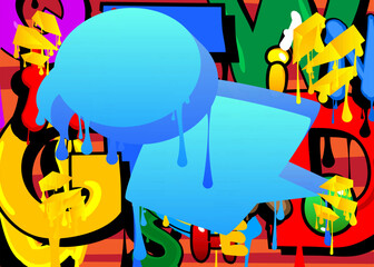 Blue Speech Bubble Graffiti with colorful Background. Urban painting style backdrop. Abstract discussion symbol in modern dirty street art decoration.