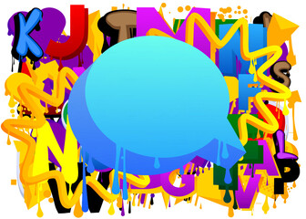 Blue Speech Bubble Graffiti with colorful Background. Urban painting style backdrop. Abstract discussion symbol in modern dirty street art decoration.