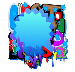 Blue Speech Bubble Graffiti with colorful Background. Urban painting style backdrop. Abstract discussion symbol in modern dirty street art decoration.