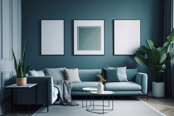 Blue Living Room Interior Created with Generative AI