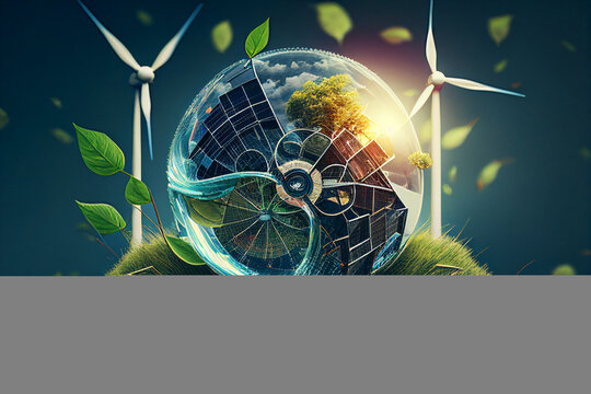 Solar panel and Wind Turbine concept. Solar energy from solar panels. Photovoltaic, alternative source of Solar electricity. Renewable energy, green energy, wind turbines, Ai Generative illustration.
