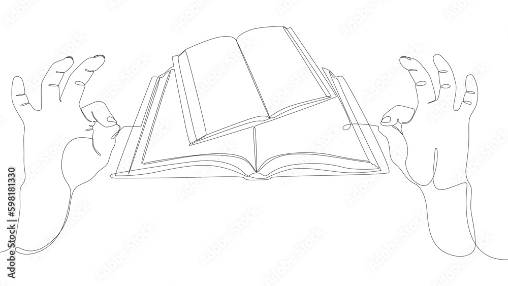Poster one continuous line of hand with multiple books. thin line illustration vector concept. contour draw