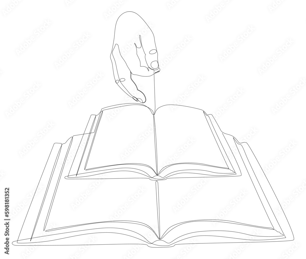 Poster one continuous line of hand with multiple books. thin line illustration vector concept. contour draw