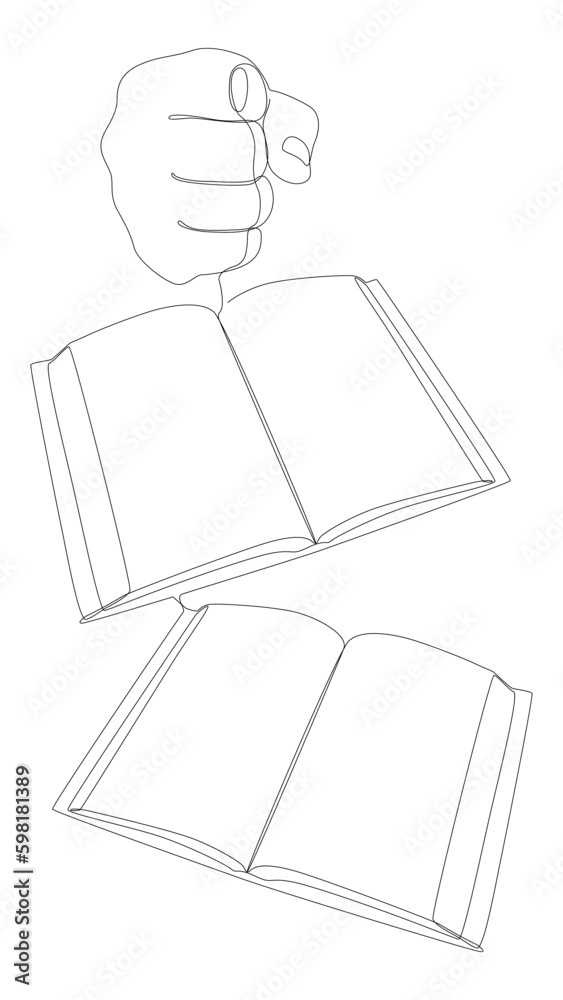 Poster one continuous line of hand with multiple books. thin line illustration vector concept. contour draw