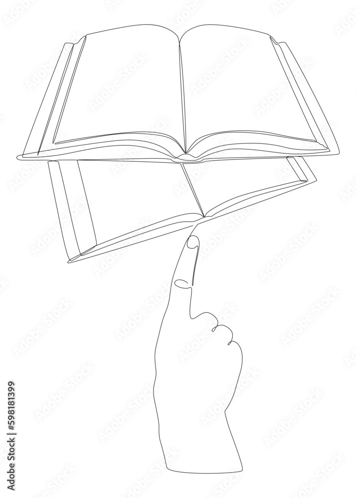 Poster one continuous line of hand with multiple books. thin line illustration vector concept. contour draw