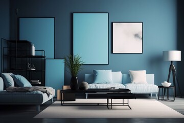 Blue Living Room Interior Created with Generative AI