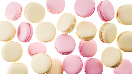 Closeup macaroons floating on white background. 3D Rendering.