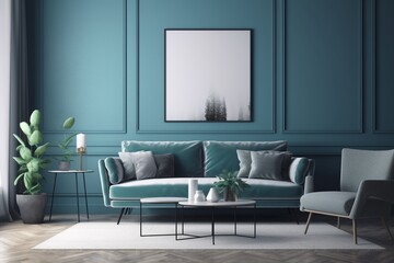 Blue Living Room Interior Created with Generative AI