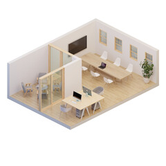 Fototapeta na wymiar 3d rendering group layout office/workspace and meeting room interior axonometric/isometric in scandinavian style using soft wood vibe furniture and floor.