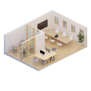 3d rendering group layout office/workspace and meeting room interior axonometric/isometric in scandinavian style using soft wood vibe furniture and floor.
