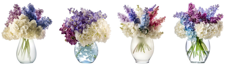 Group of colorful pastel hydrangea white, pink, purple flowers in vases. Created using generative AI.