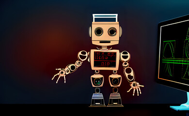Naklejka premium A human-shaped robot with a display on its chest stands near a monitor with blueprints and diagrams. Generative AI, Generative, AI