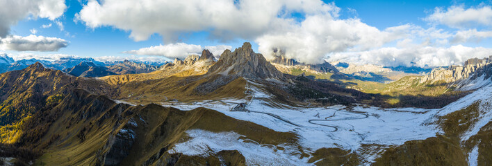 Aerial view of Winter landscape of Passo Giau, Dolomites, Italy. Panoroma view.