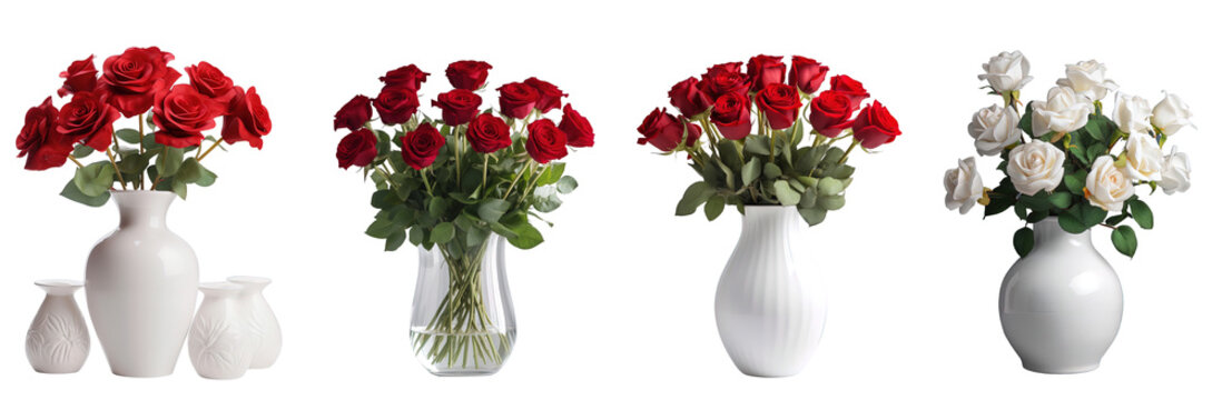 Group of bright colorful red roses and white roses in vases. Created using generative AI.