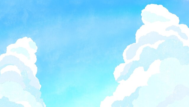 Summer sky, gradient sky background with cumulonimbus clouds Simple and cute hand-painted watercolor illustration / 夏の空、入道雲が浮かぶグラデーションの空の背景 シンプルでかわいい手描きの水彩イラスト