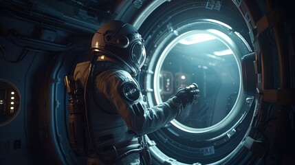 astronaut porthole droid observe space, digital art illustration, Generative AI