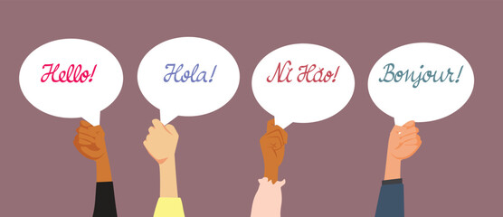 Hands Holding Hello Placard Signs Vector Cartoon Illustration. People speaking in foreign languages saying hi

