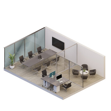 3d rendering modern group layout office/workspace with meeting room interior in axonometric/isometric view