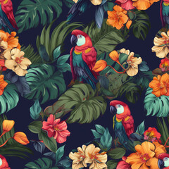 Parrot on Plant Seamless Pattern made with Generative AI