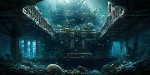 Exteriores de una ciudad al fondo del océano concepto ciudad perdida al fondo del mar - IA generativa