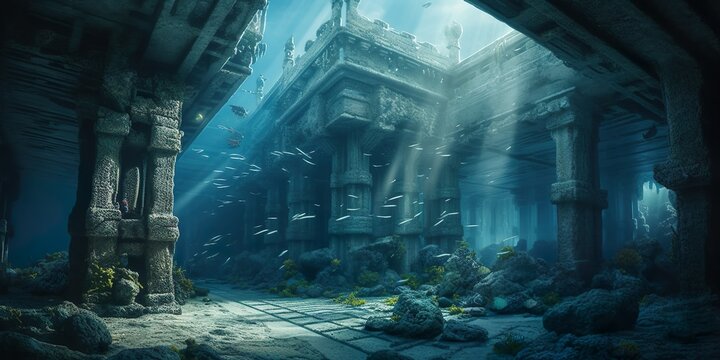 Interiores de una ciudad al fondo del oc&eacute;ano concepto ciudad perdida al fondo del mar - IA generativa