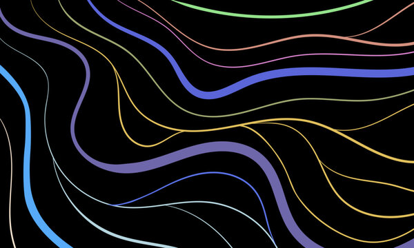 Abstract colorful pattern of wavy lines on a black background. Composition in the form of an arbitrary multicolored doodle. Vector illustration, EPS 8. Minimalistic style. Copy space.