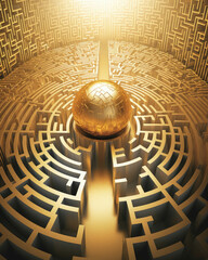A maze of a financial track with a gleaming gold sphere at the end – ilrating the journey and risks of investing in gold.. AI generation. Generative AI