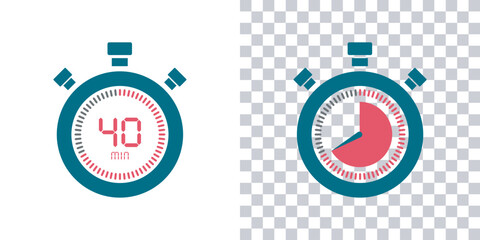 Timer, 40 minutes, stopwatch vector icon. Stopwatch icon in flat style, 40 minutes Countdown timer symbol icon on white and transparent background. Vector illustration.
