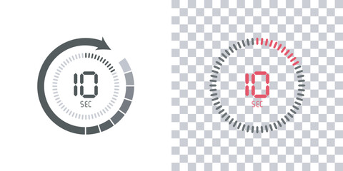 Timer, 10 seconds, stopwatch vector icon. Stopwatch icon in flat style, 10 seconds Countdown timer symbol icon on white and transparent background. Vector illustration.