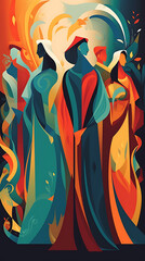 An abstract poster inspiration of colorful costumes, arabesque, scroll, bold shadows, smokey background, gesture, multilayered realism, mid - century illustration, generative ai