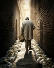 Fototapeta premium A senior man walking slowly down an alleyway a bag of money tight in his grip.. AI generation. Generative AI