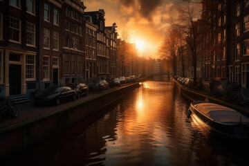 Fototapeta premium the first light of the day casts a golden hue over the charming cityscape