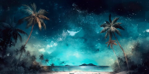 Fototapeta na wymiar watercolor painting of a beach scene at night with palm trees and a starry sky. Generative AI