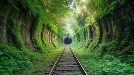Fototapeta na wymiar railway tracks surrounded by green nature. Generative Ai