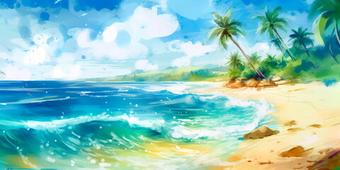 Fototapeta na wymiar watercolor painting of a tropical beach scene with palm trees and waves crashing onto the shore. Generative AI