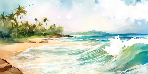 Obraz na płótnie Canvas watercolor painting of a tropical beach scene with palm trees and waves crashing onto the shore. Generative AI