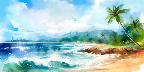 watercolor painting of a tropical beach scene with palm trees and waves crashing onto the shore.  Generative AI
