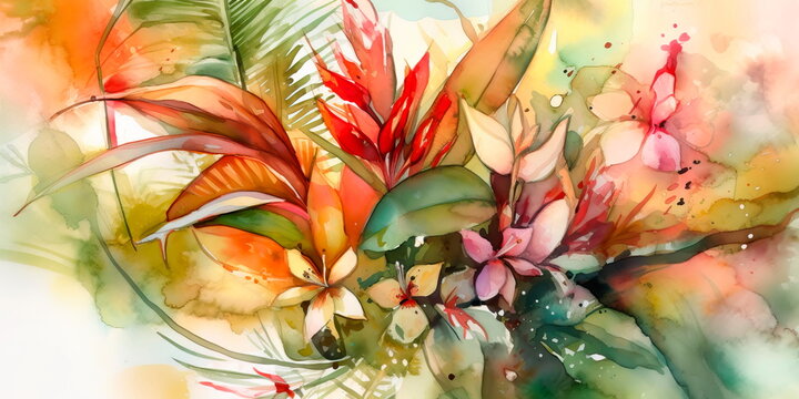 watercolor painting of a tropical bouquet featuring palm leaves and exotic flowers. Generative AI © Лилия Захарчук