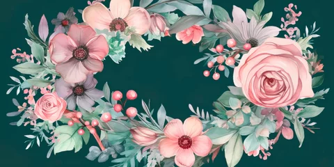 Fotobehang watercolor floral wreath with pastel flowers and greenery, ideal for use in branding or stationery. Generative AI © Лилия Захарчук