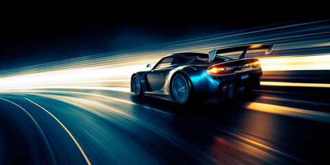 Fototapeta na wymiar race car speeding around a track with long exposure trails of light and dynamic movement Generative AI