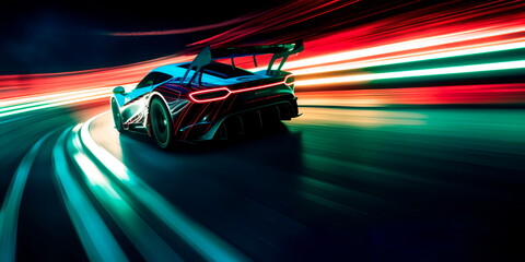 Obraz na płótnie Canvas race car speeding around a track with long exposure trails of light and dynamic movement Generative AI