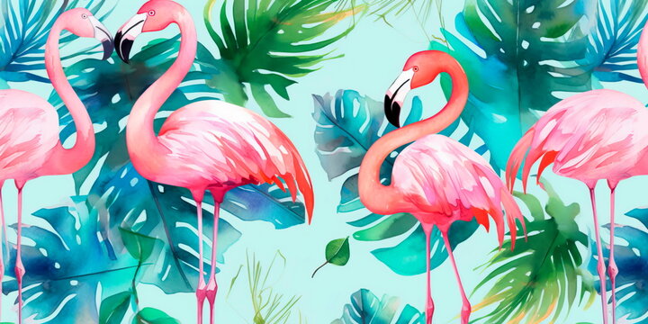 repeating pattern of watercolor flamingos and palm trees, perfect for use in swimwear or stationery designs. Generative AI