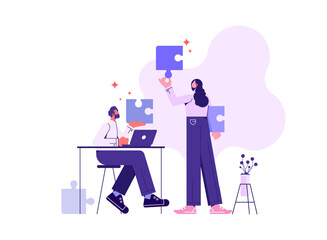 Team metaphor. Group of peoples doing teamwork assembling jigsaw puzzle. Symbol of teamwork, cooperation, partnership