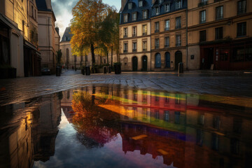 Fototapeta na wymiar a vibrant rainbow reflected in a puddle on a charming cobblestone street