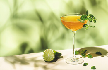 Old Cuban alcoholic cocktail drink with white rum, lime juice, sparkling wine, syrup, bitter, mint and ice. Lime green background, hard light, shadow pattern