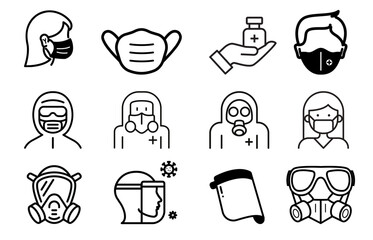 Covid-19 protection equipment icon set. Includes icons as face mask, 3d mask, face shield, goggles, gel
