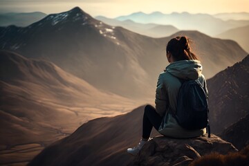 A woman admiring the view of a picturesque mountain range while sitting on a cliff. 