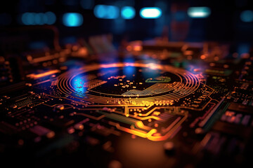 Fototapeta na wymiar Abstract technology background with futuristic computer microcircuit board. AI generative image.